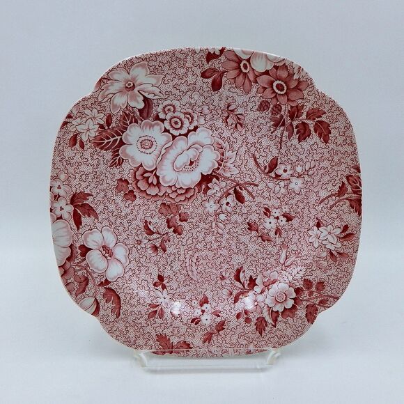 Spode Red Primula Chintz Square Luncheon Salad Plate 9 Inch Made in England - Picture 1 of 4